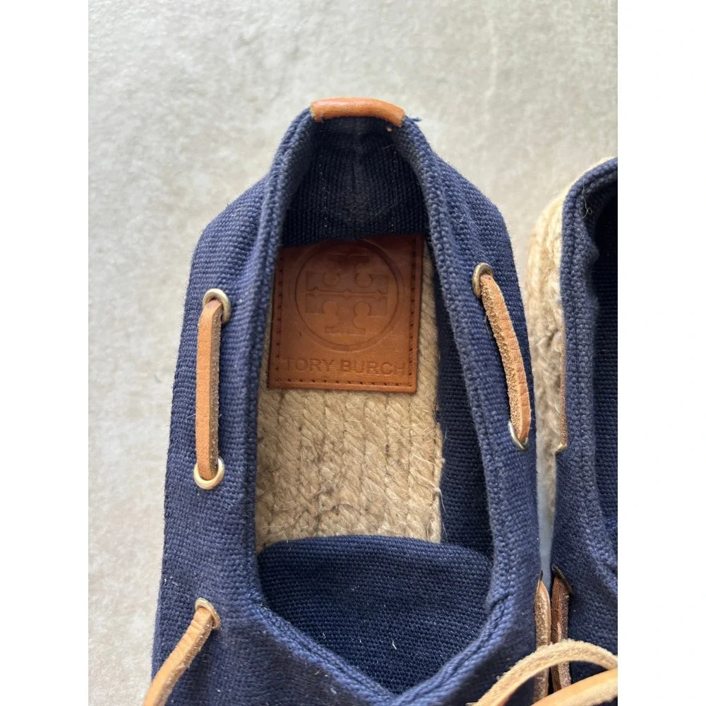 Tory Burch Blanton Espadrille Womens 9 Blue Tan Jute Resort Travel Vacation Boat
